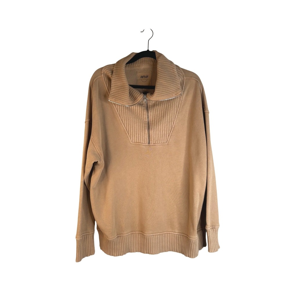 Aerie Women's Tan Coastal Ribbed Quarter Zip Pullover Sweatshirt Size Medium